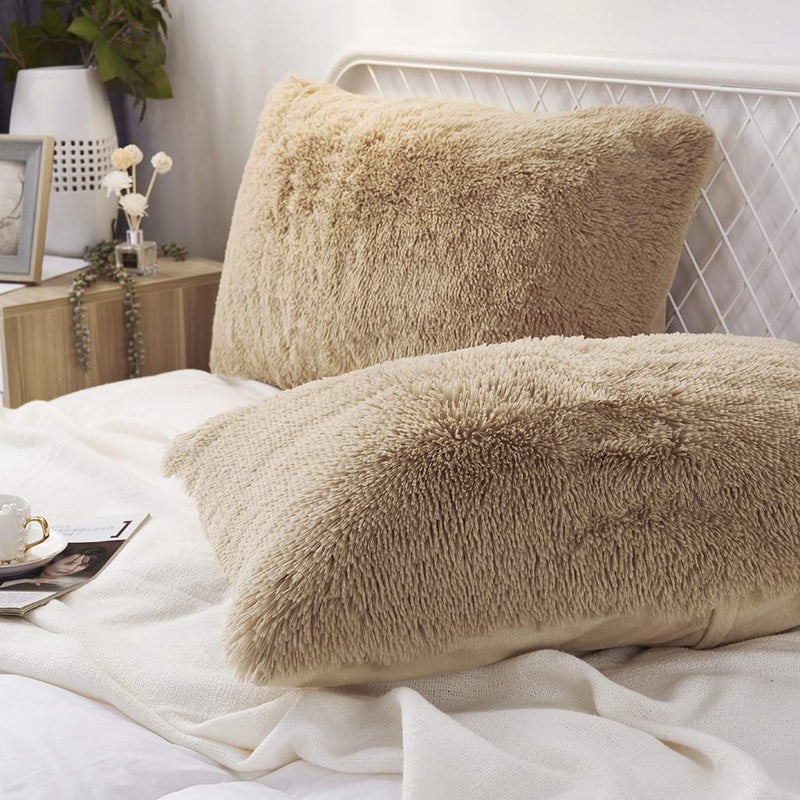 Uhamho Set of 2 Standard Pillowcases Faux Fur Throw Pillow Covers Queen Size Shams Soft Velvet Decorative Zipper Closure (Camel, 20"x26") - Image 2